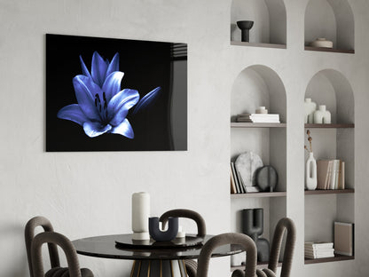Glowing Blue Lily On Black Glass Wall Art