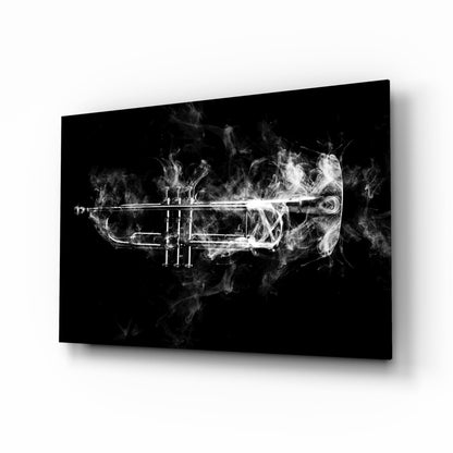Trumpet glass wall art with smoke on black background