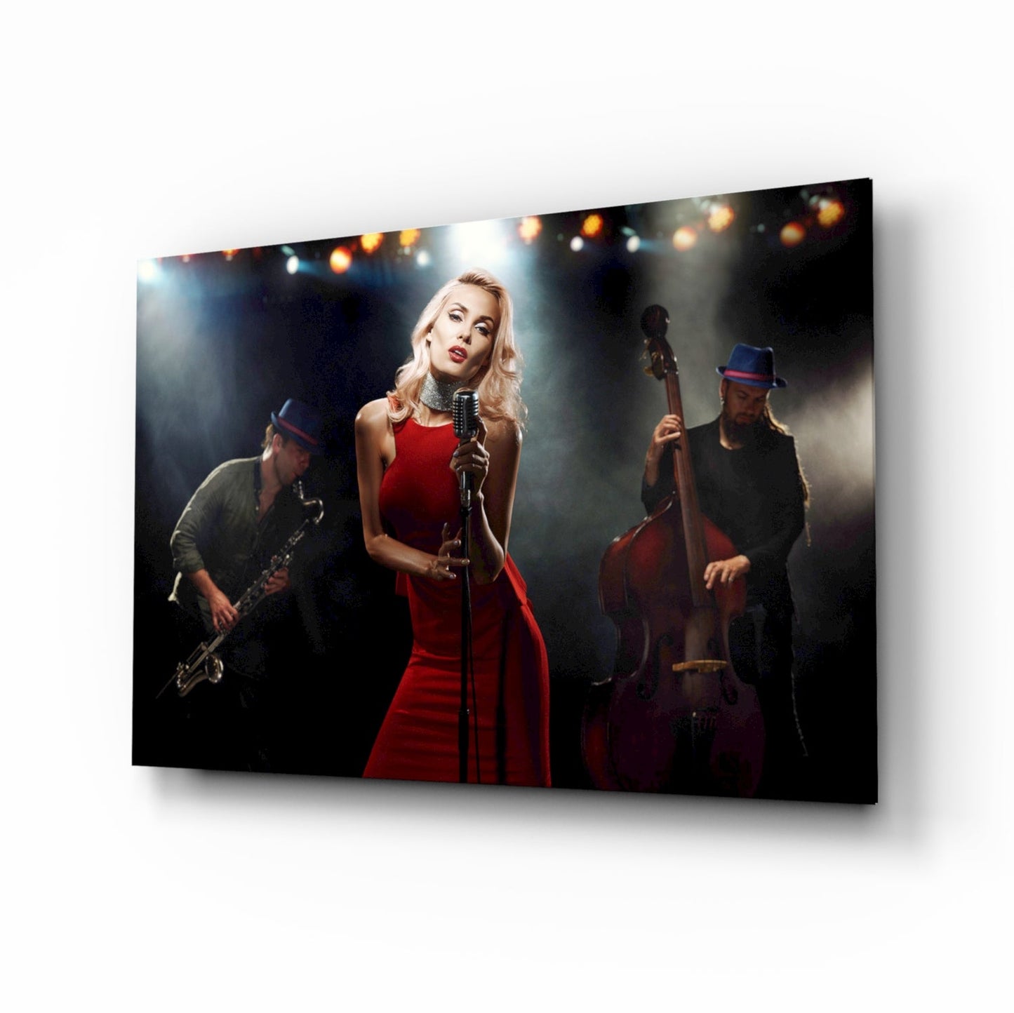 Female musician glass wall art with singer, saxophonist and bassist
