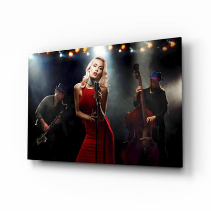 Female musician glass wall art with singer, saxophonist and bassist