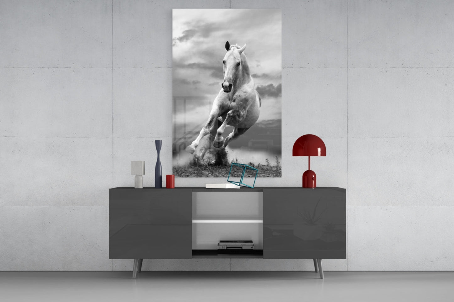 Black and White Running Horse Glass Wall Art