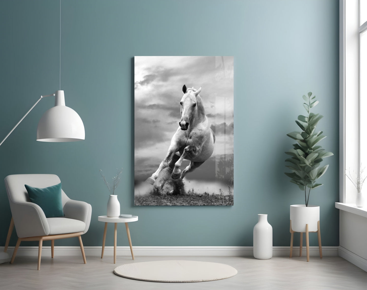 Black and White Running Horse Glass Wall Art