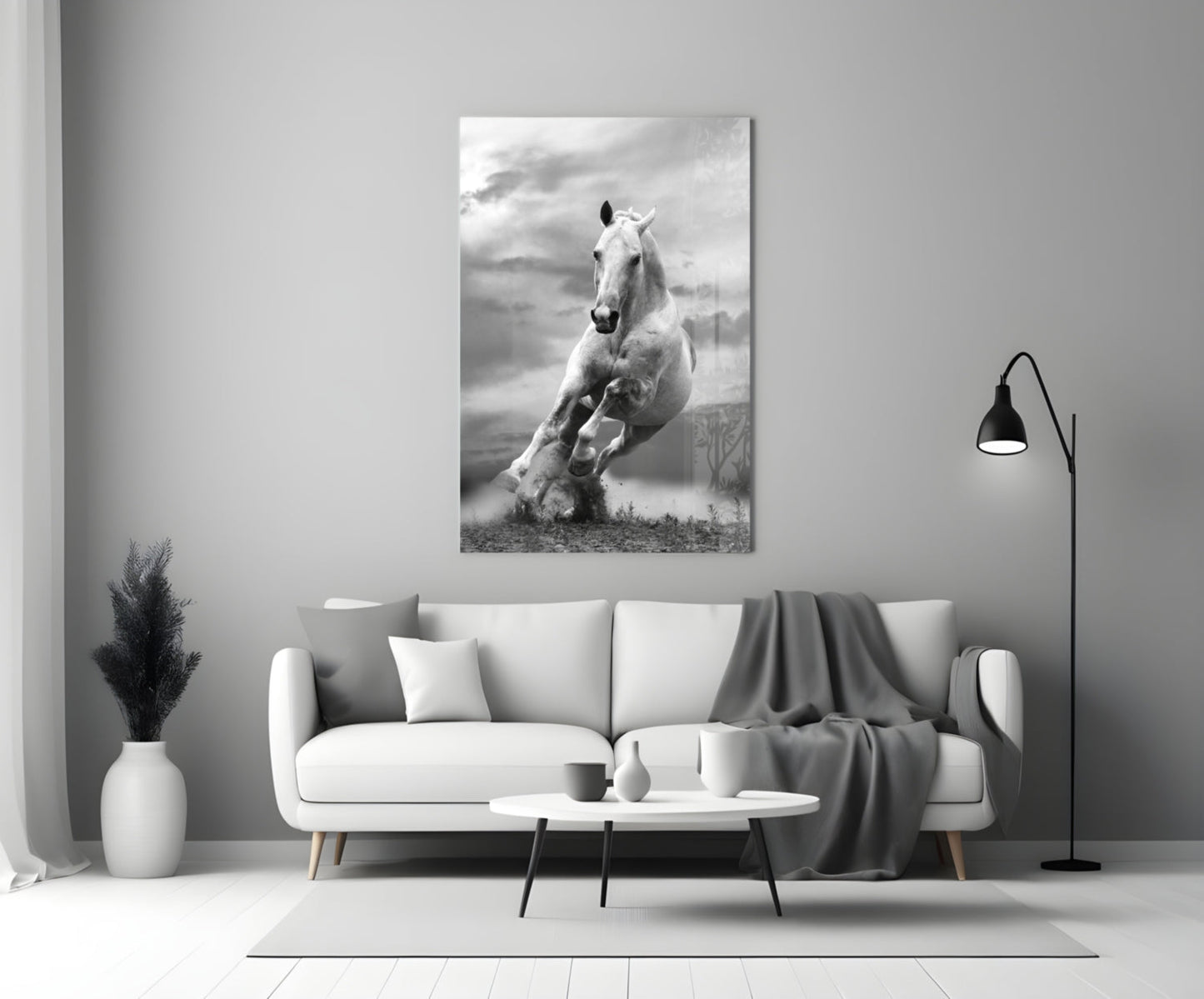 Black and White Running Horse Glass Wall Art