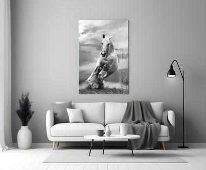 Black and White Running Horse Glass Wall Art
