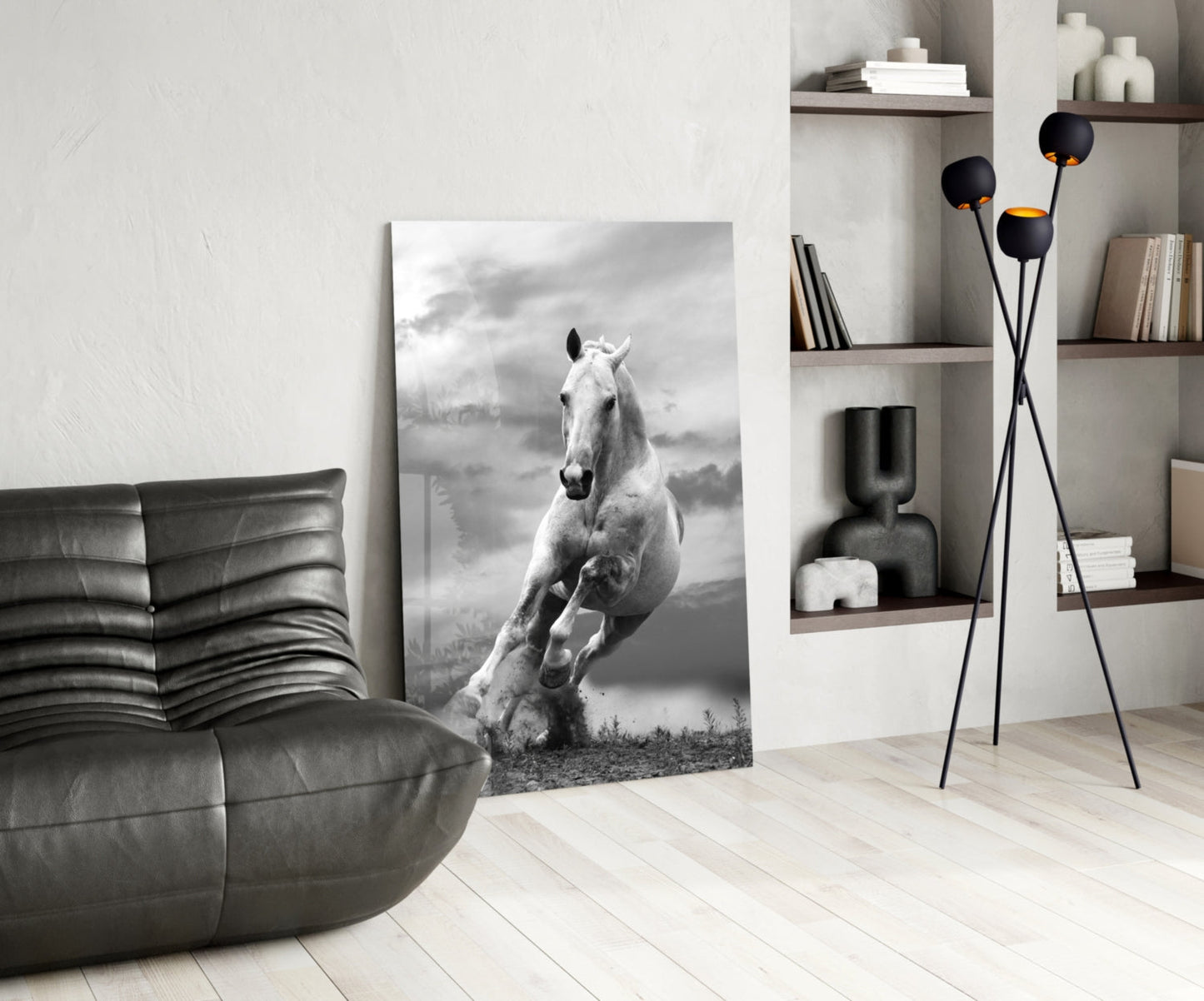 Black and White Running Horse Glass Wall Art