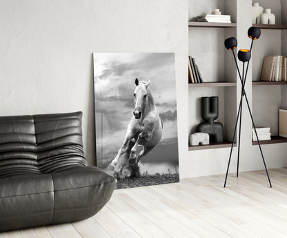Black and White Running Horse Glass Wall Art