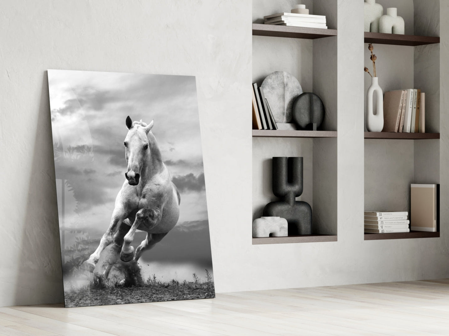 Black and White Running Horse Glass Wall Art