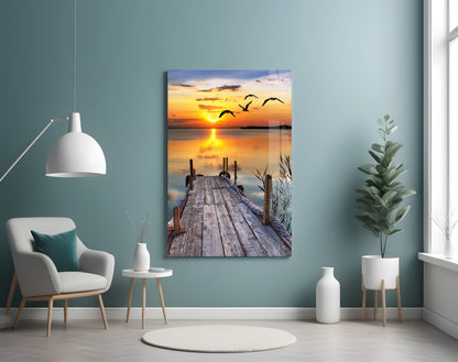 Golden Lake Sunset Glass Wall Art
