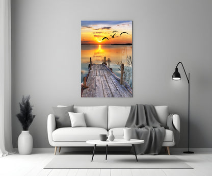 Golden Lake Sunset Glass Wall Art