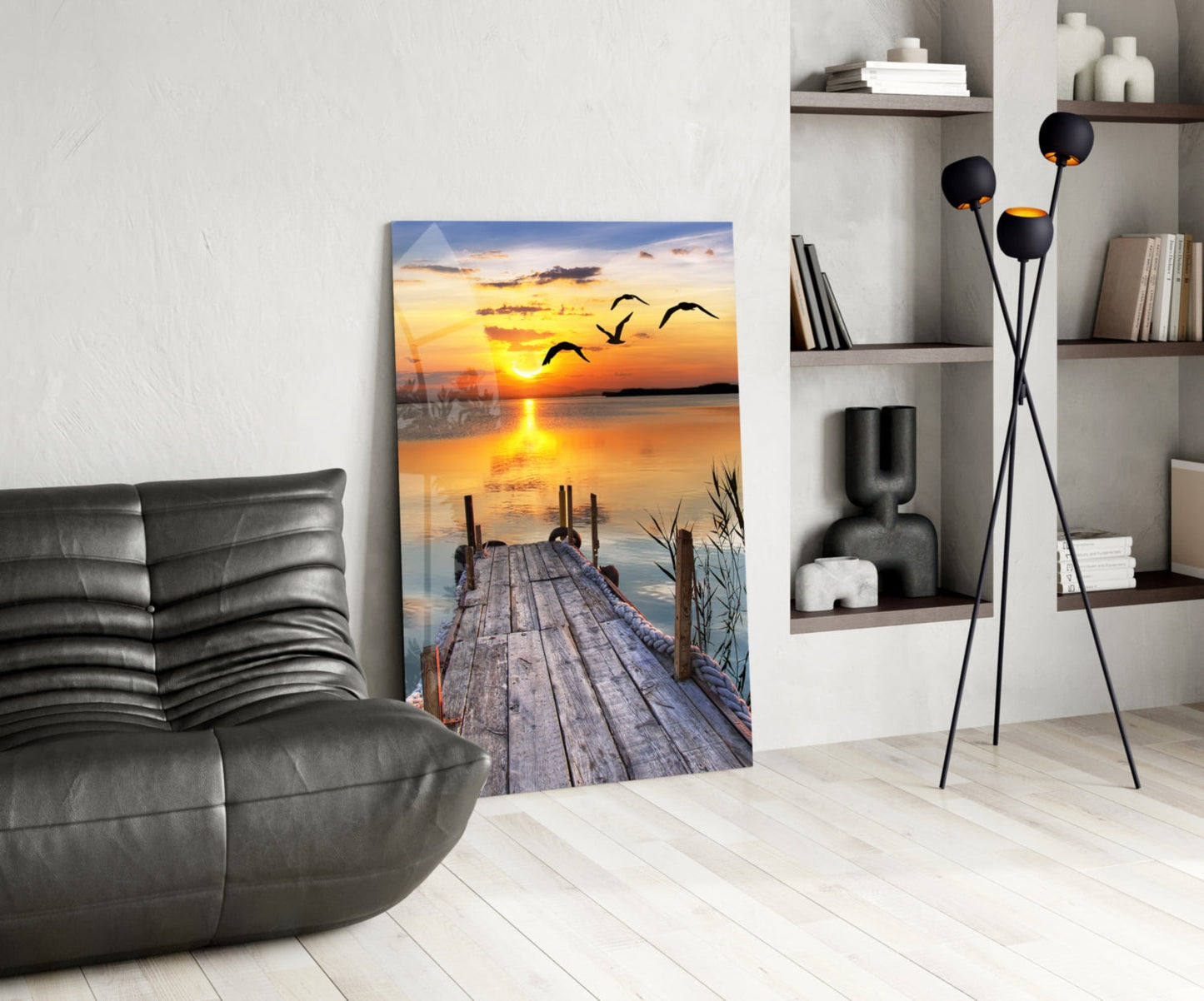 Golden Lake Sunset Glass Wall Art