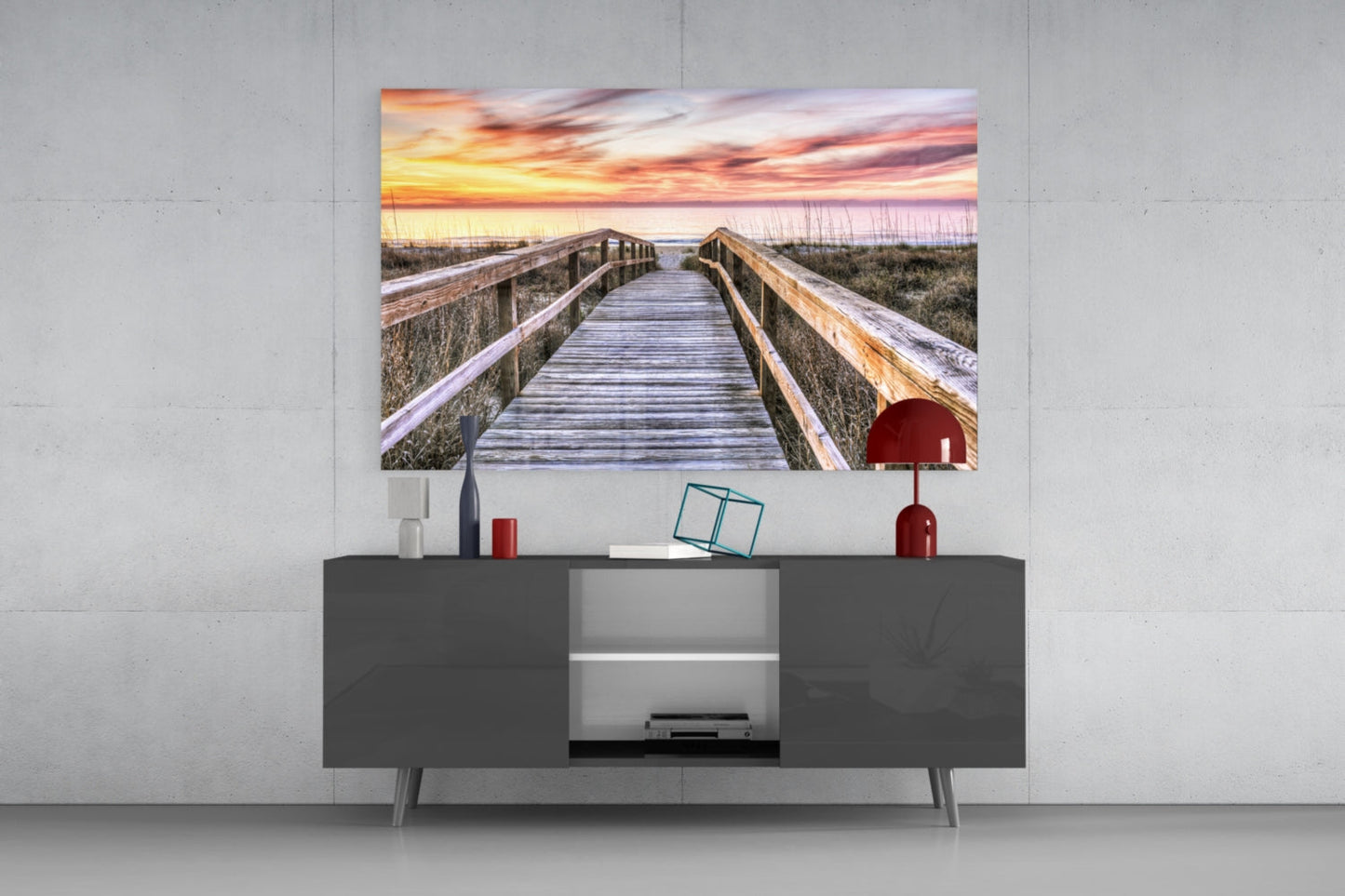 Sunset Boardwalk Glass Wall Art