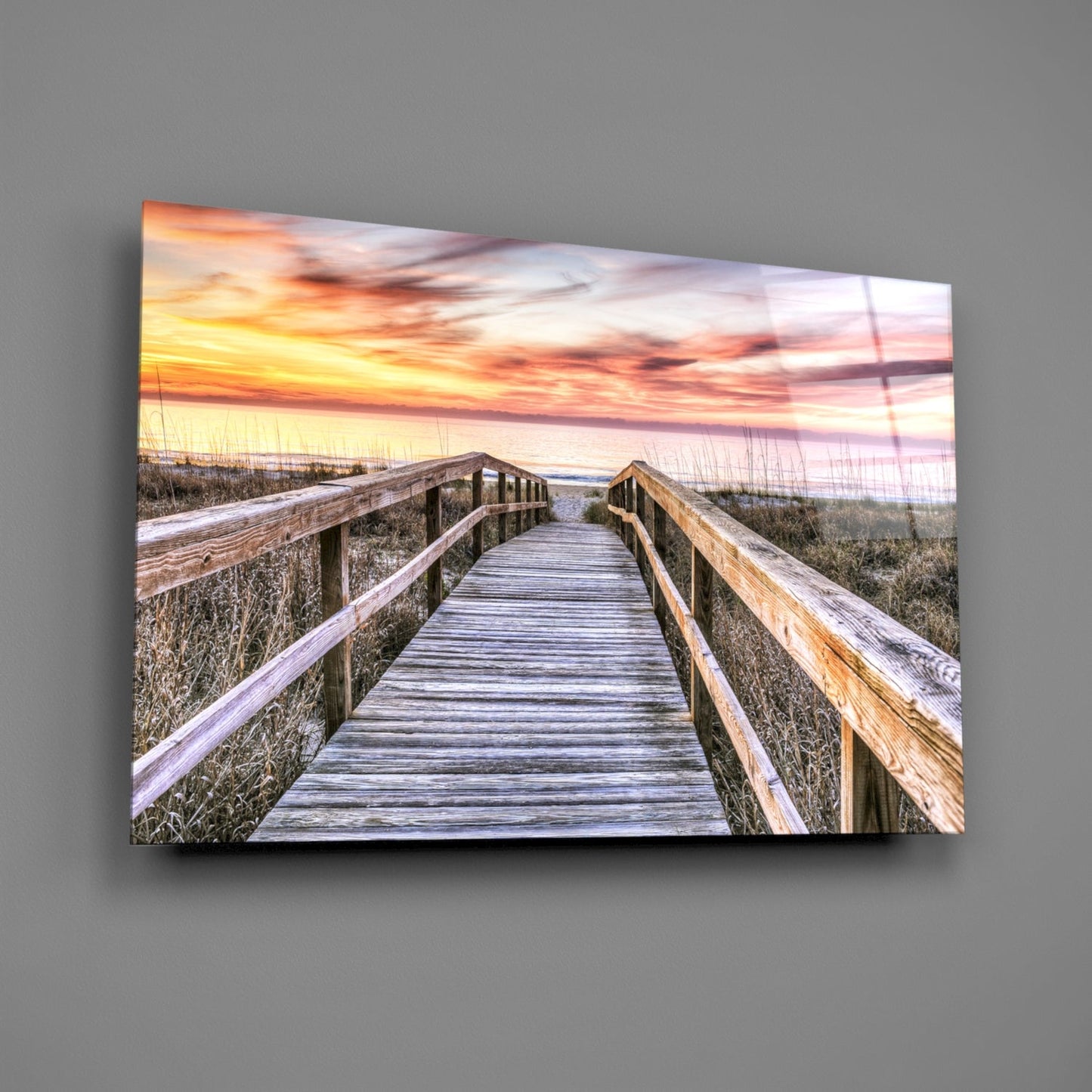Sunset Boardwalk Glass Wall Art