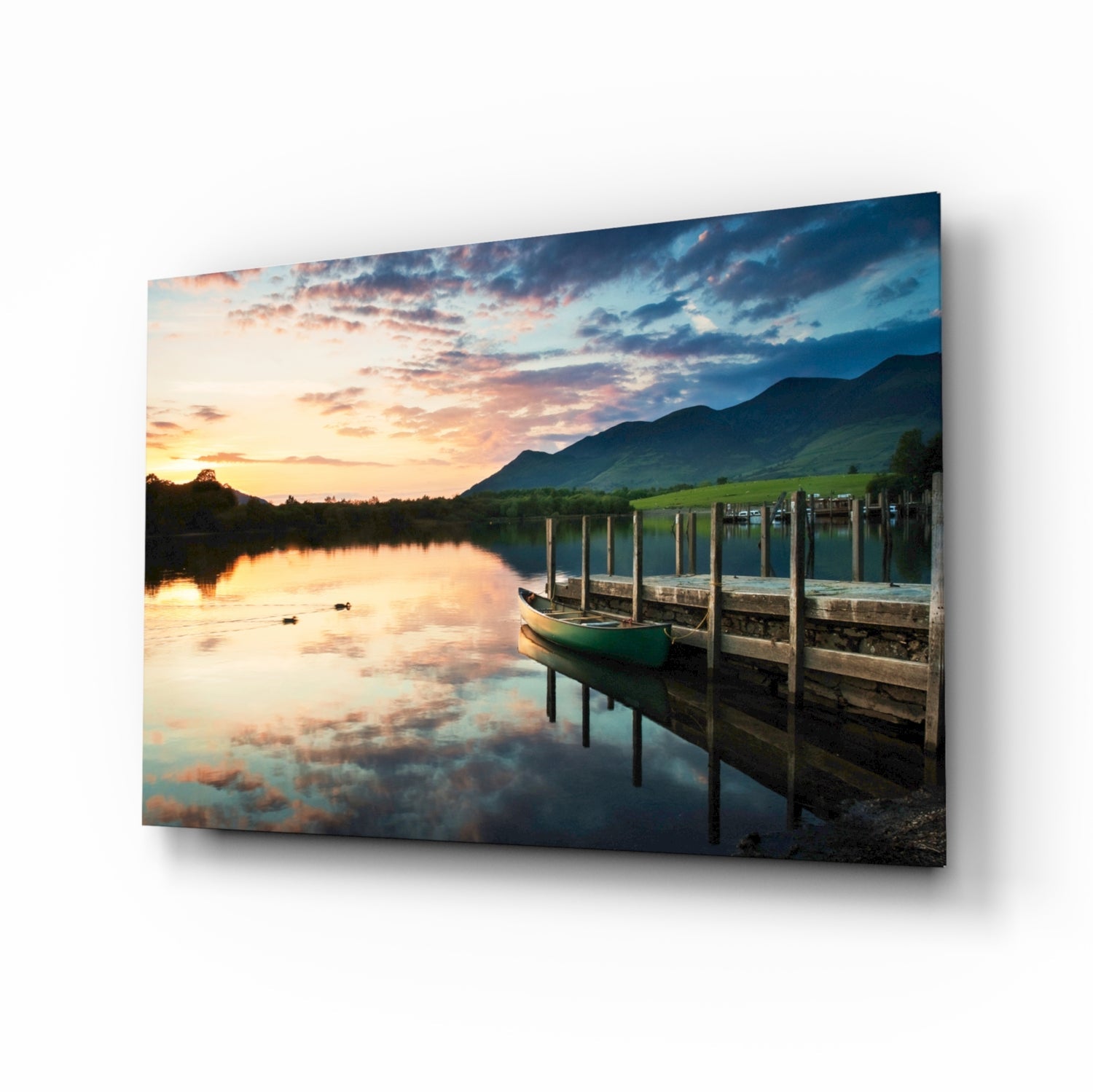 Canoe at dusk glass wall art lake landscape