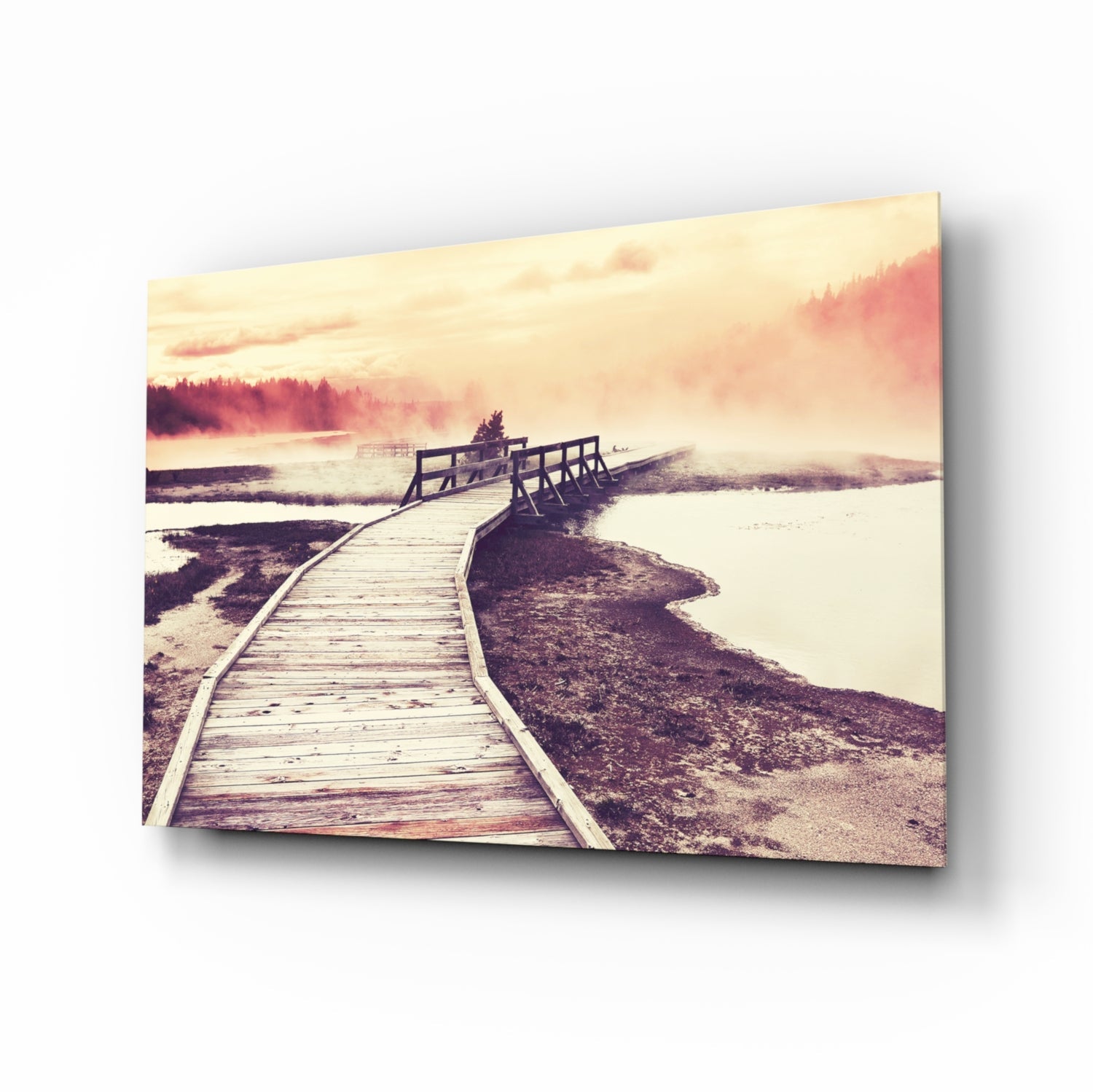 Dock in the fog landscape glass wall art