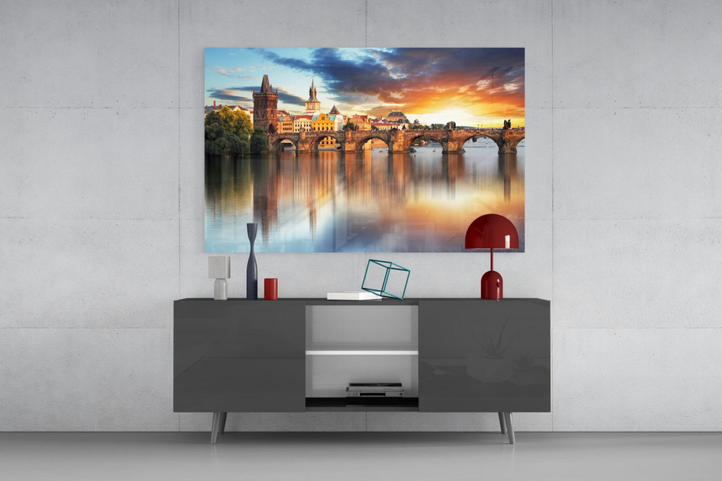 Prague Bridge Sunset Glass Wall Art