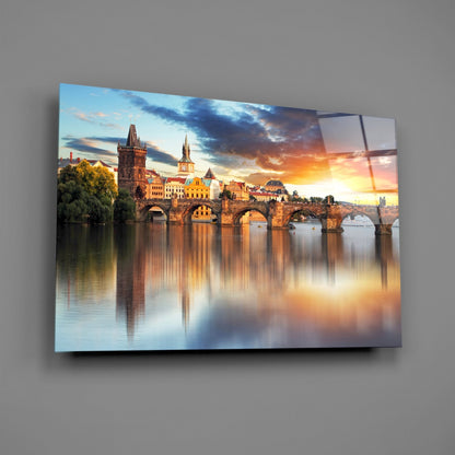 Prague Bridge Sunset Glass Wall Art