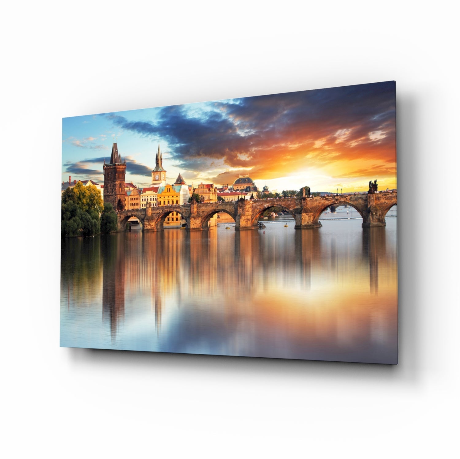 Prague Bridge Sunset glass wall art with Charles Bridge golden-hour scene