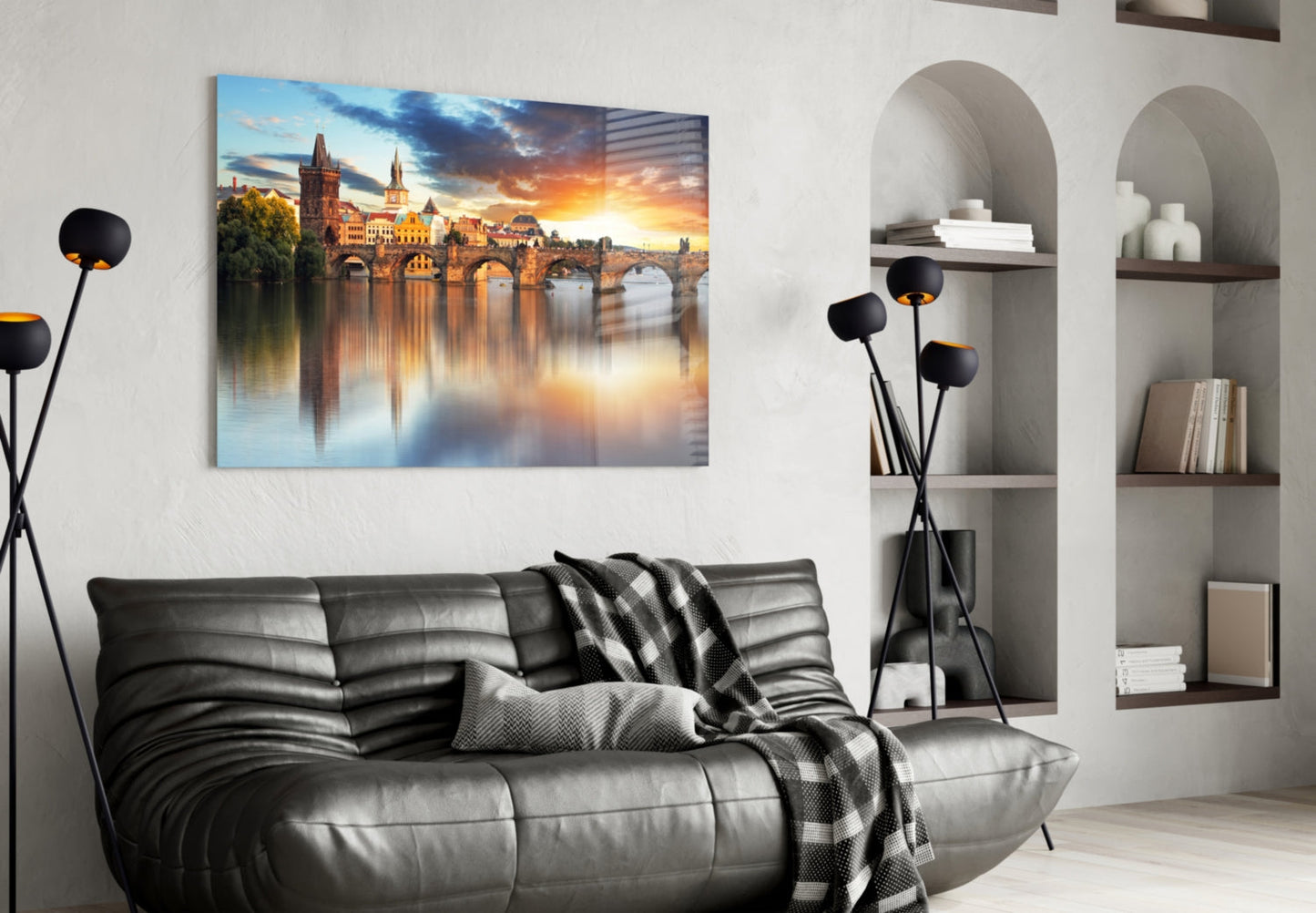 Prague Bridge Sunset Glass Wall Art