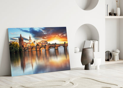 Prague Bridge Sunset Glass Wall Art