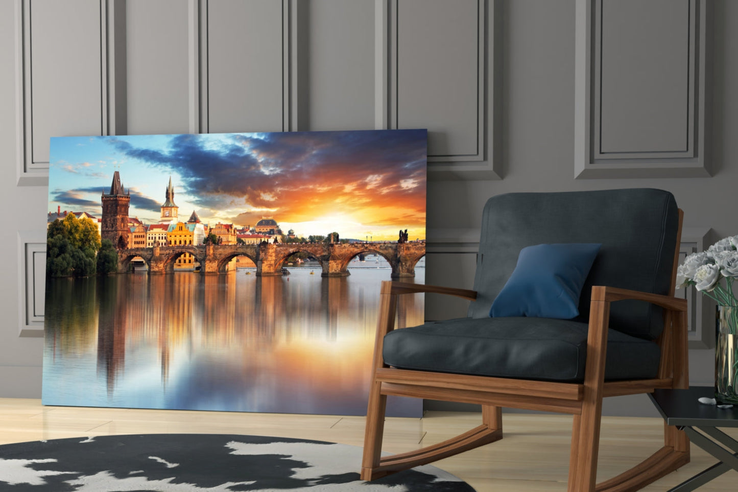 Prague Bridge Sunset Glass Wall Art