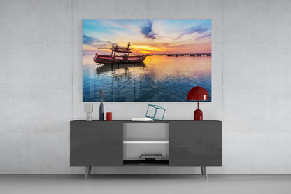 Sunset Harbor Boat Glass Wall Art