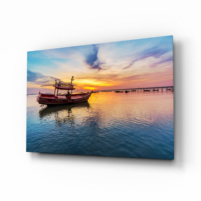 Sunset harbor boat glass wall art behind tempered glass