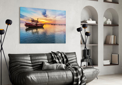 Sunset Harbor Boat Glass Wall Art