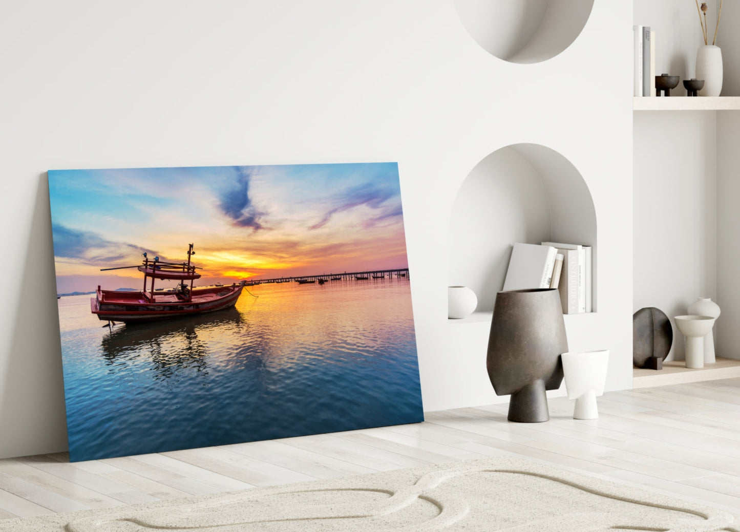 Sunset Harbor Boat Glass Wall Art