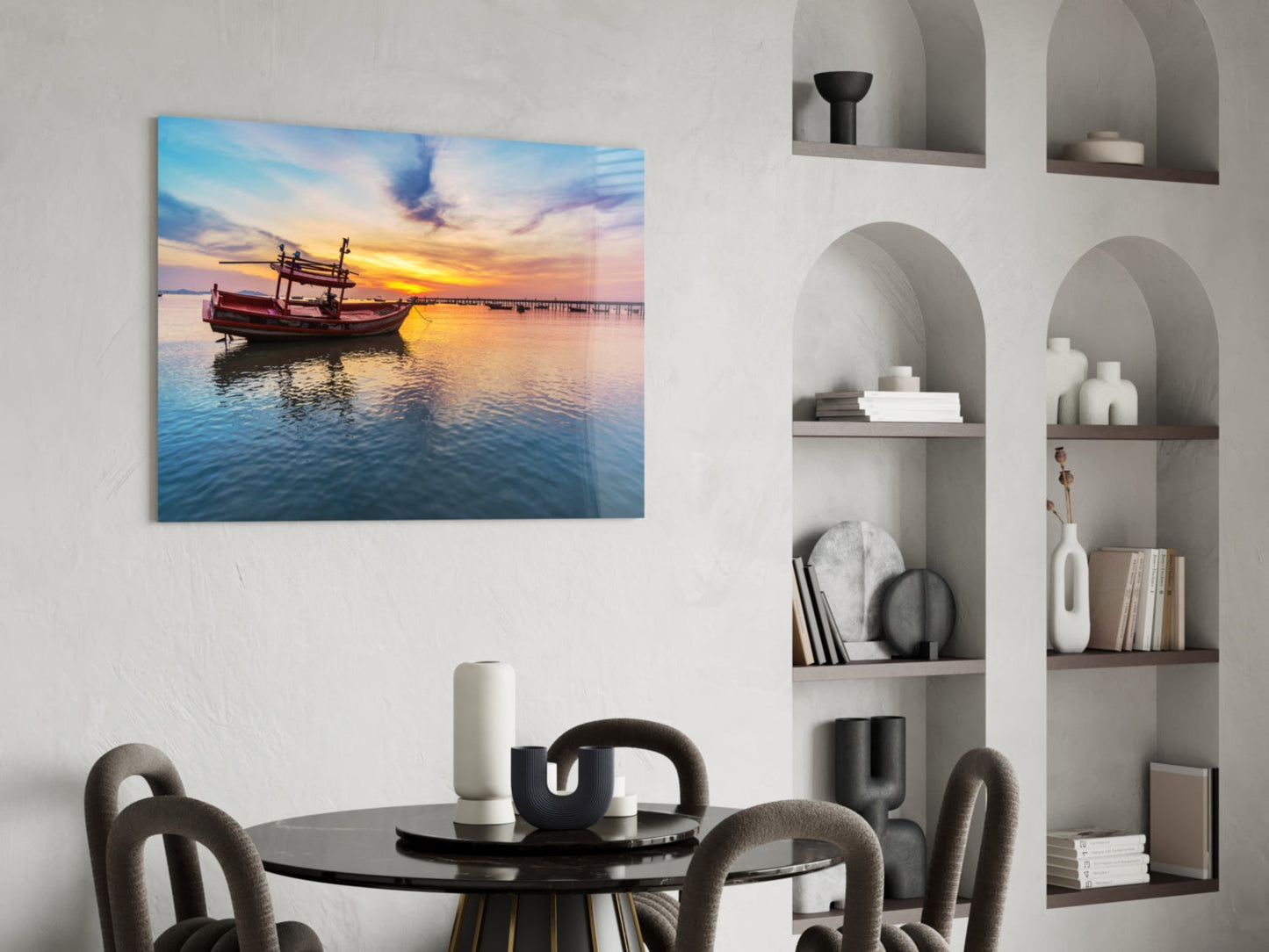 Sunset Harbor Boat Glass Wall Art