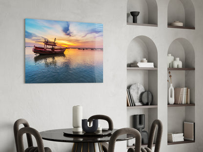 Sunset Harbor Boat Glass Wall Art