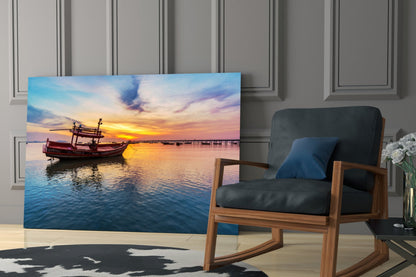 Sunset Harbor Boat Glass Wall Art
