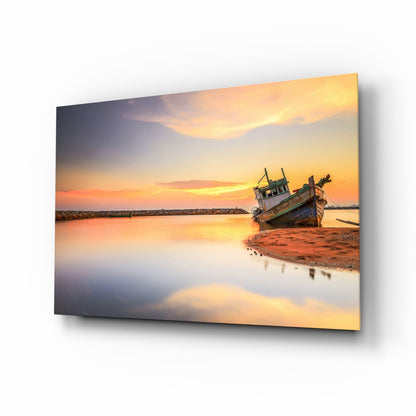 Ship on the beach coastal glass wall art