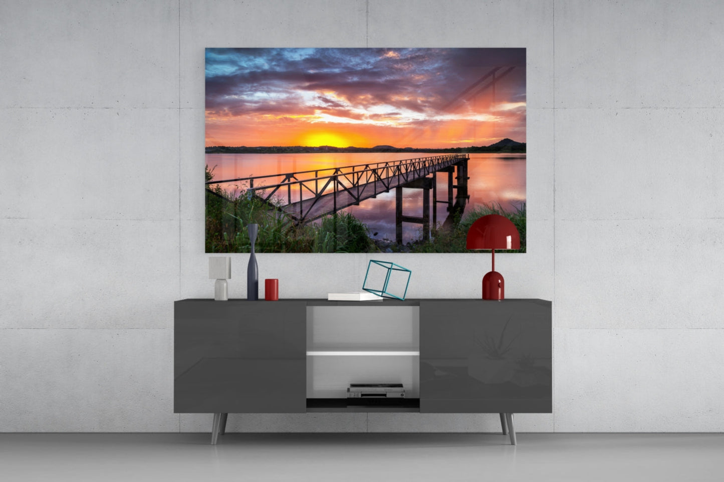 Sunset Footbridge Glass Wall Art