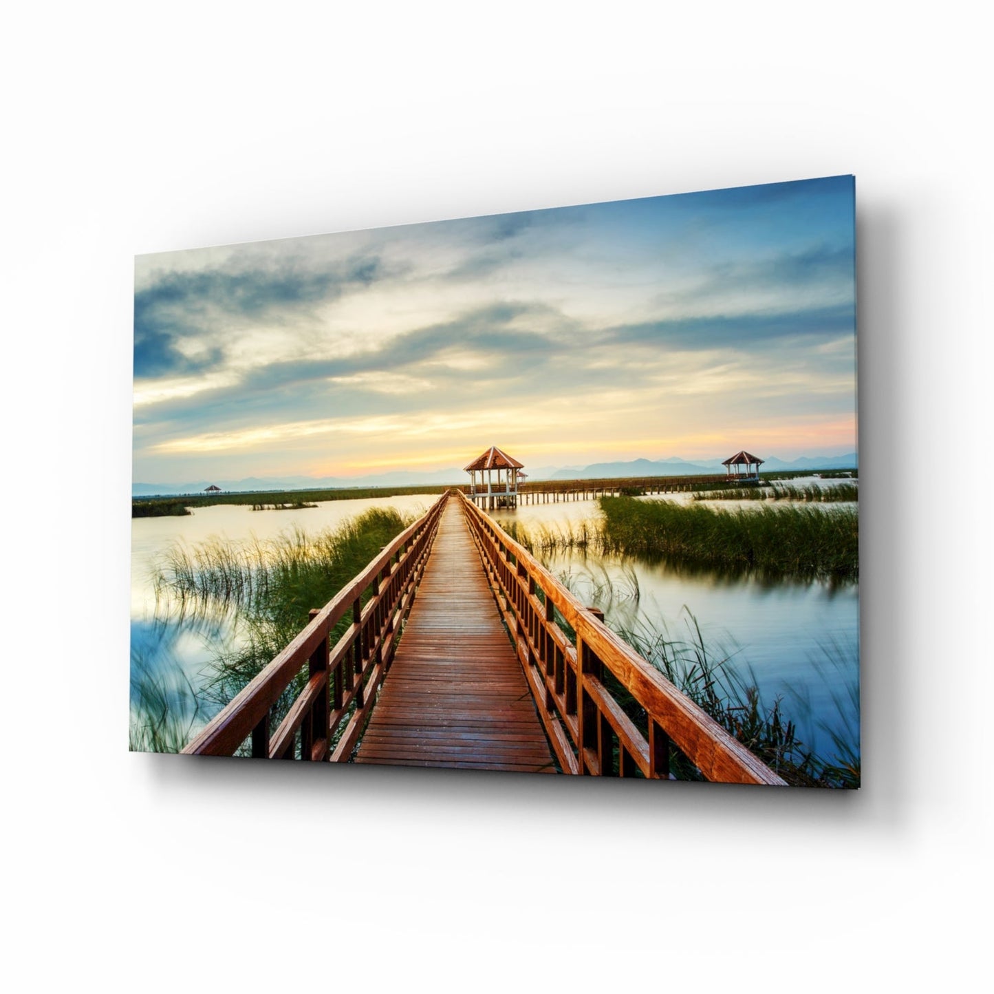 Long dock on the lake glass wall art
