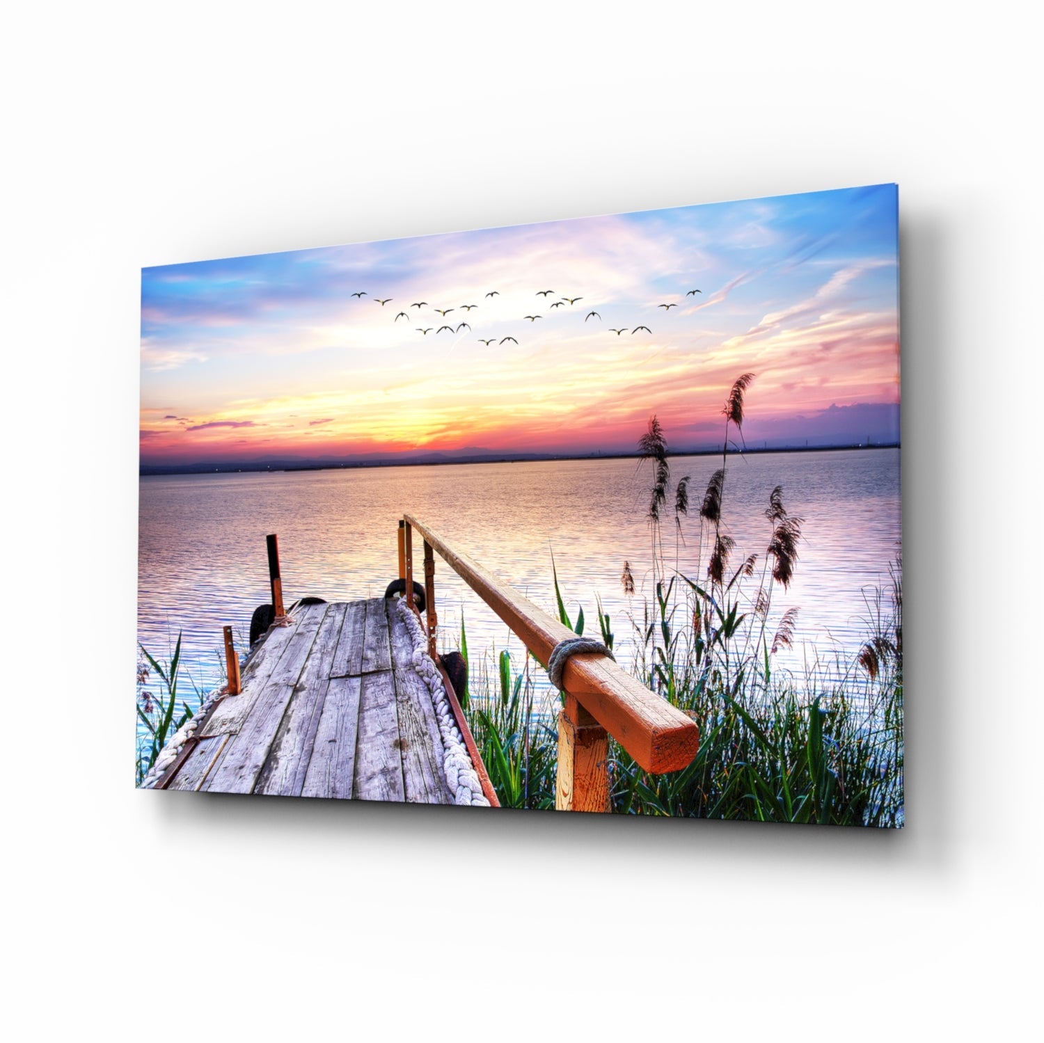 Pastel sunset dock glass wall art