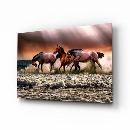 Chestnut horses galloping in surf glass wall art