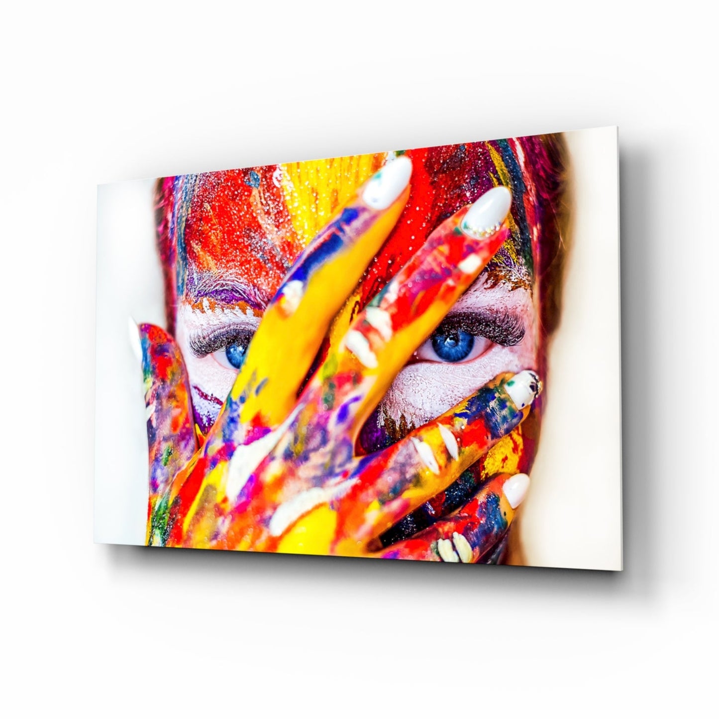 Rainbow paint portrait glass wall art with colorful splatter