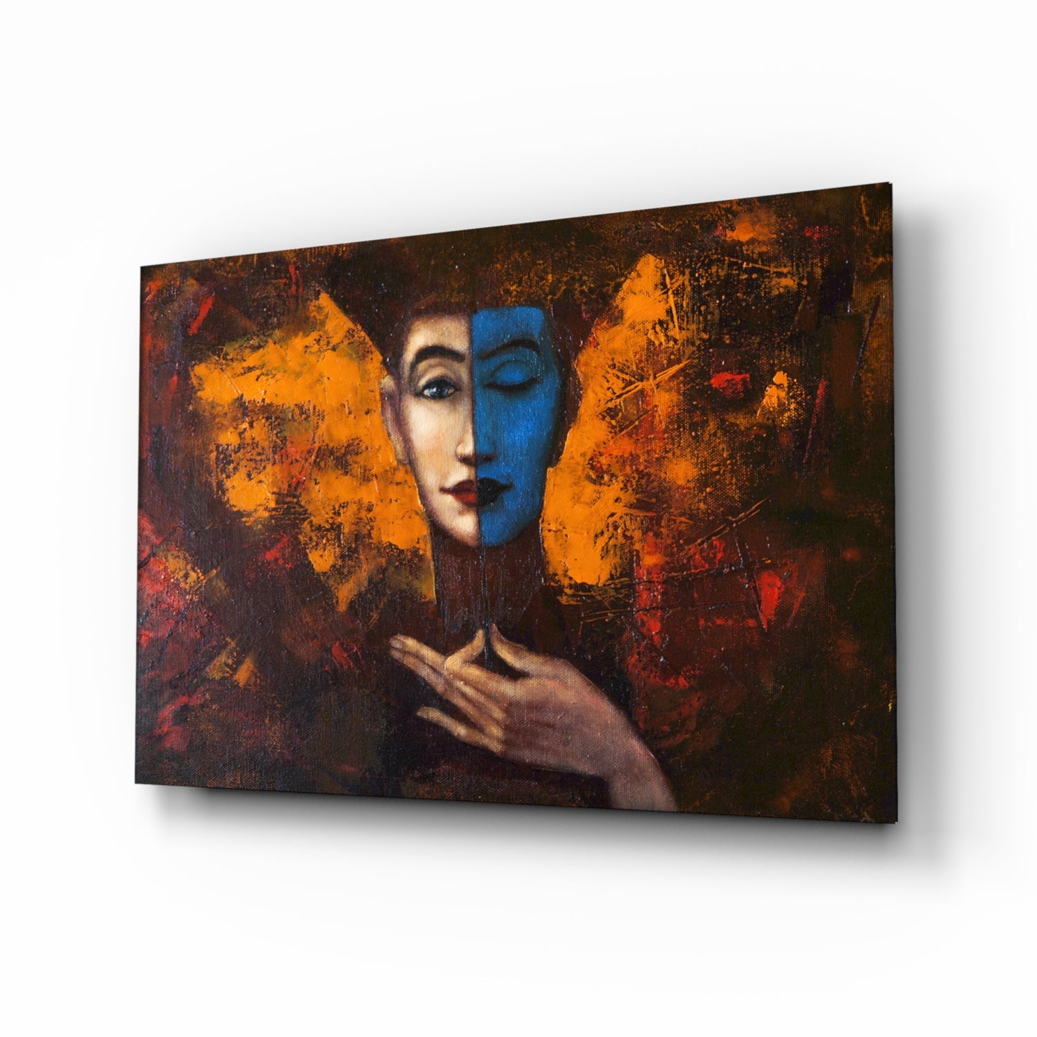 Two-Tone Woman Portrait glass wall art with surrealist bicolor design
