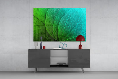 Green to Turquoise Leaf Vein Glass Wall Art