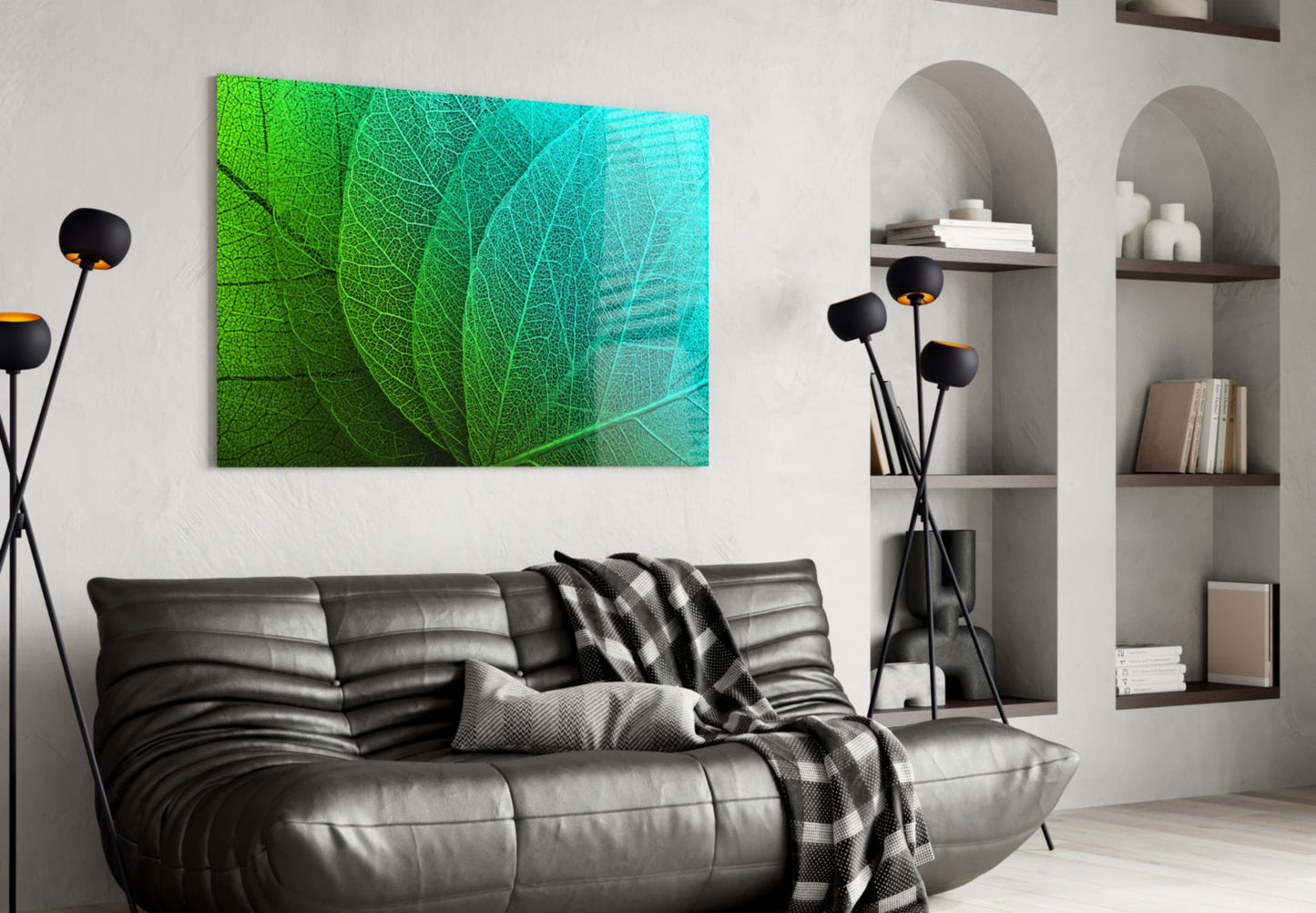 Green to Turquoise Leaf Vein Glass Wall Art