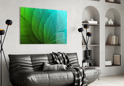 Green to Turquoise Leaf Vein Glass Wall Art