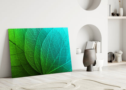 Green to Turquoise Leaf Vein Glass Wall Art