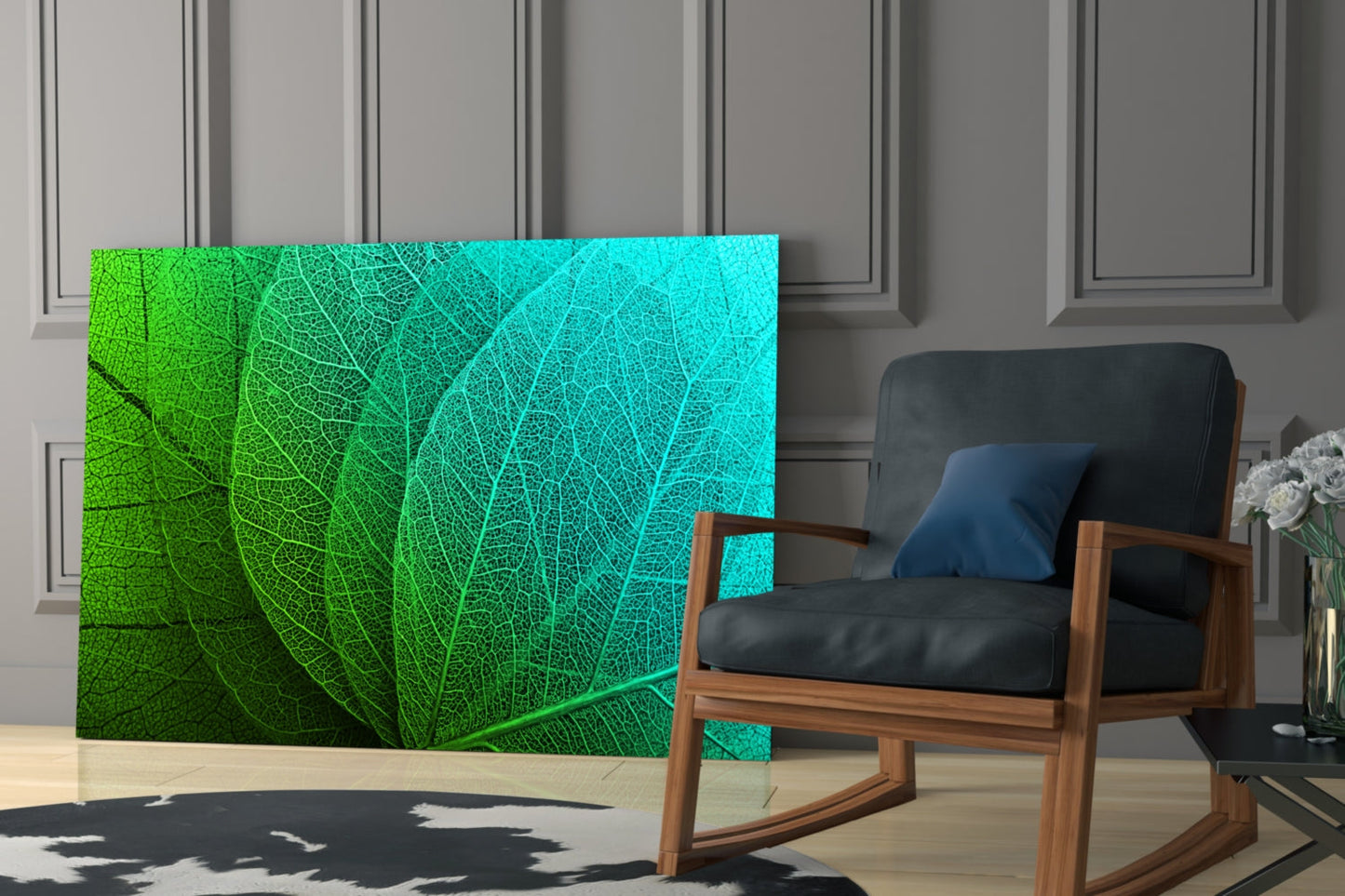 Green to Turquoise Leaf Vein Glass Wall Art