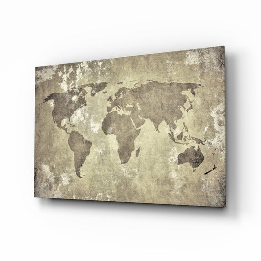Weathered World Map glass wall art in sepia and cream