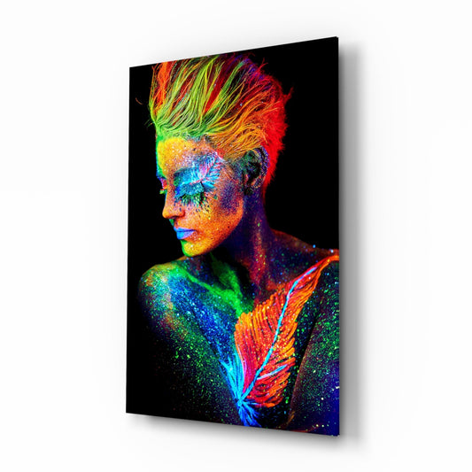 UV glow portrait glass wall art with neon streaks