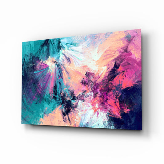 Chromatic Burst Abstract Glass Wall Art in magenta and turquoise tones