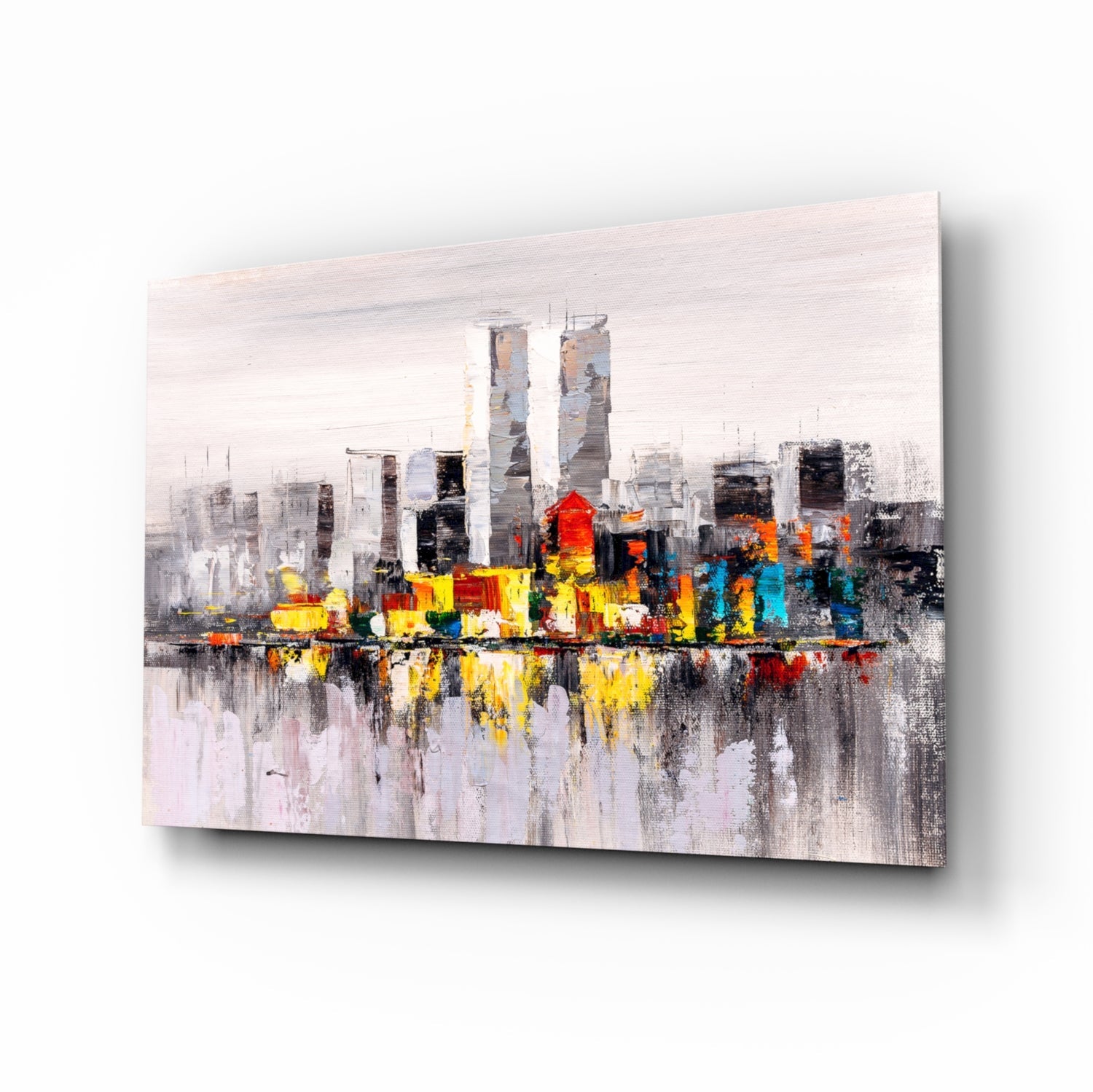 Abstract City glass wall art with painted skyline reflection