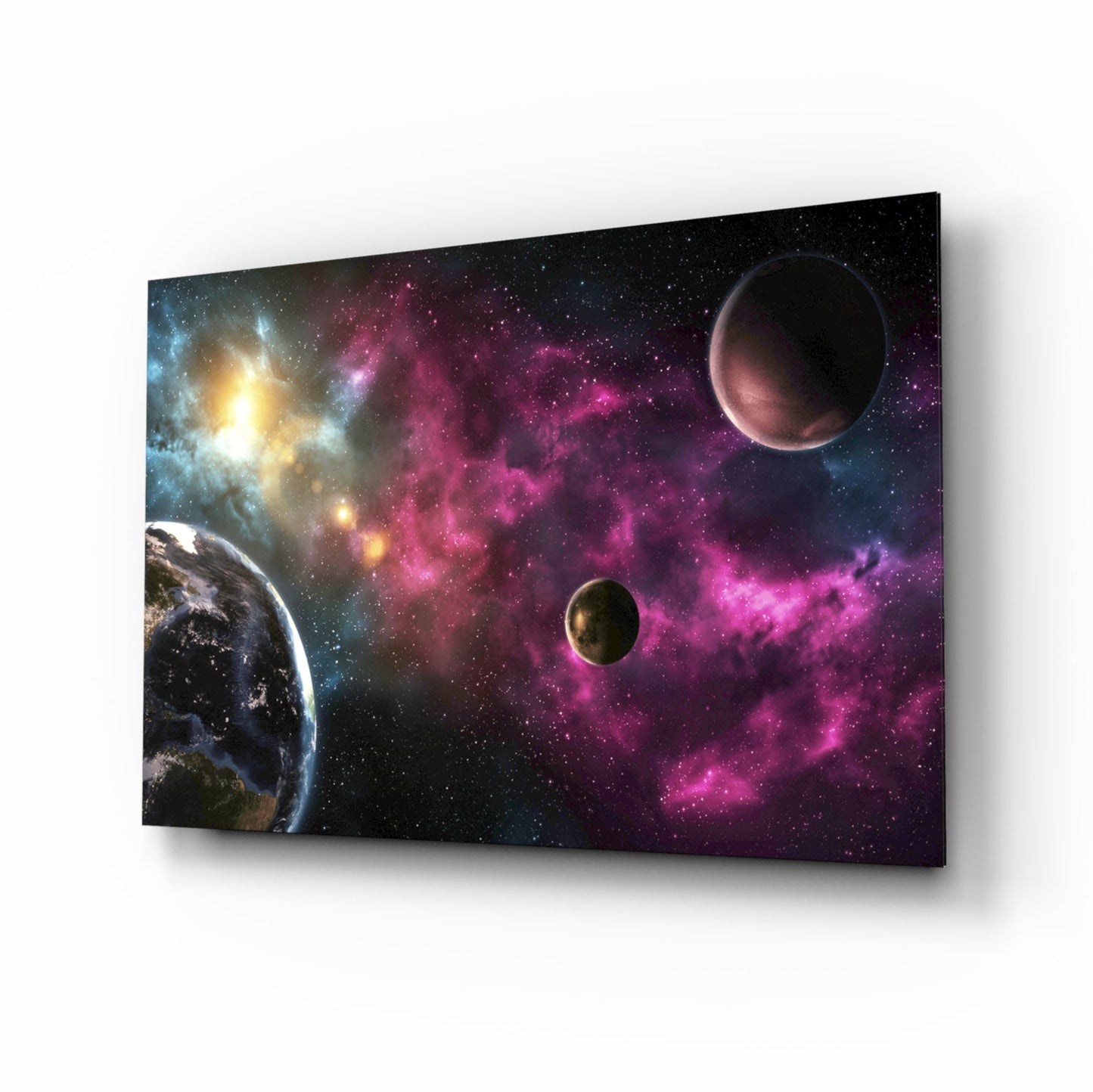 Pink Nebula Planets space glass wall art