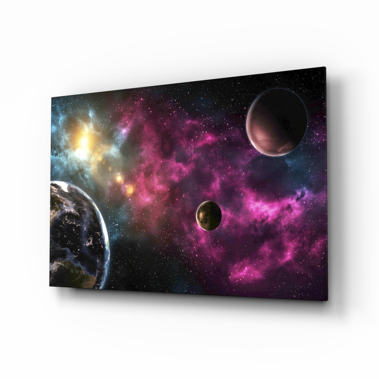 Pink Nebula Planets space glass wall art