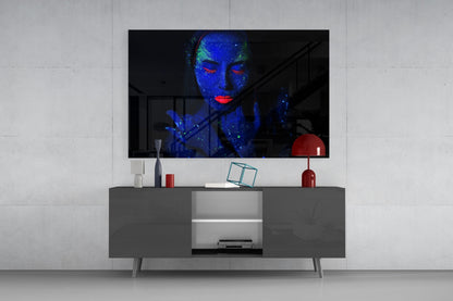 Neon Blacklight Woman Portrait Glass Wall Art